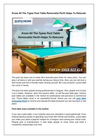 Know All The Types, Pool Table Removalist Perth Helps To Relocate