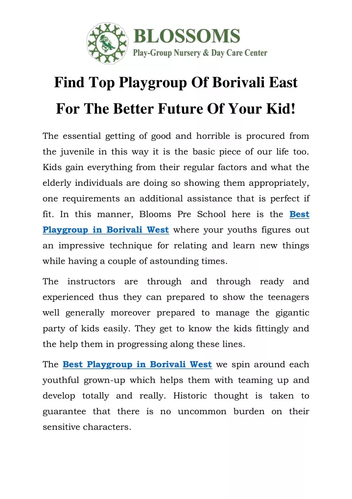 find top playgroup of borivali east