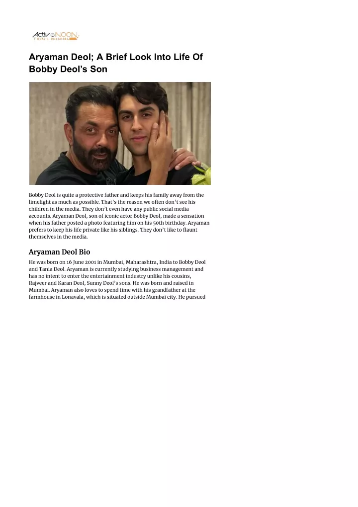 aryaman deol a brief look into life of bobby deol