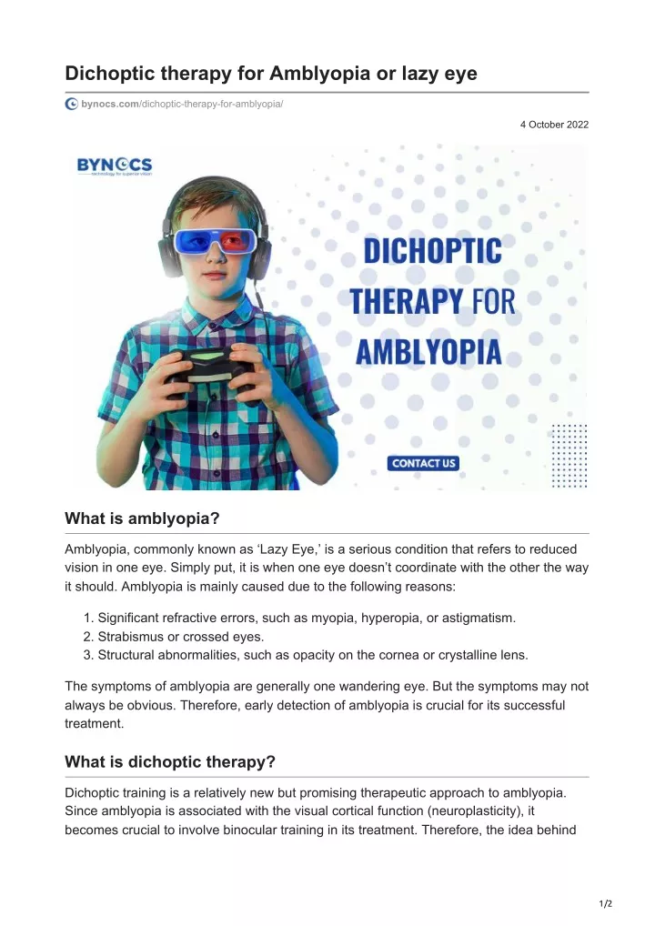dichoptic therapy for amblyopia or lazy eye