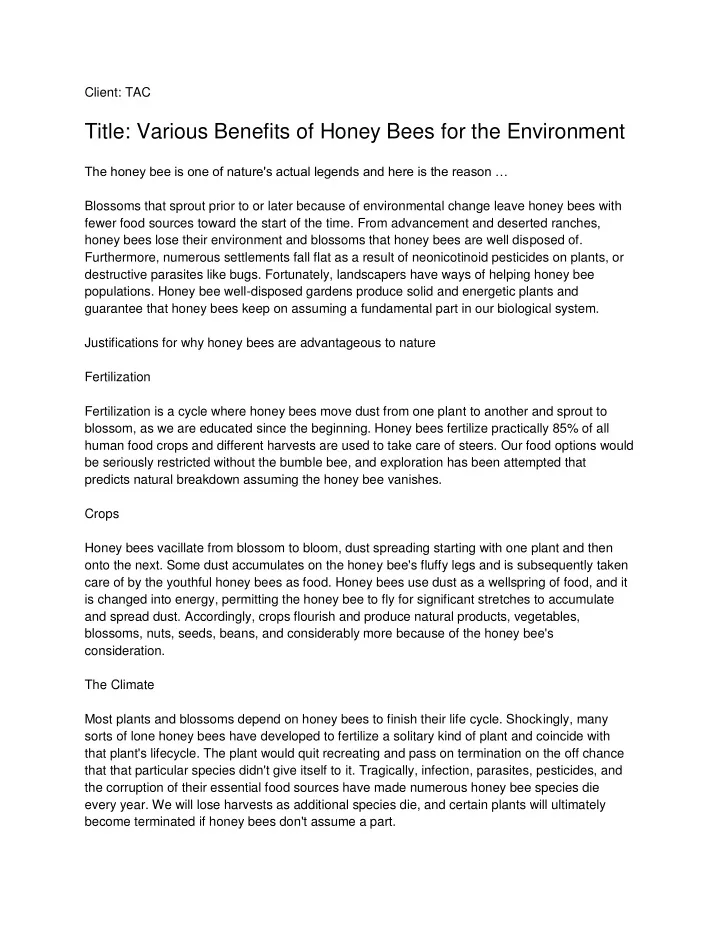 client tac title various benefits of honey bees