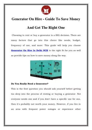 generator on hire guide to save money