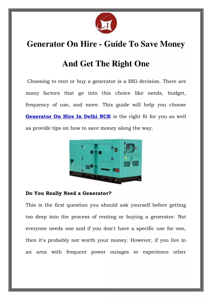 generator on hire guide to save money