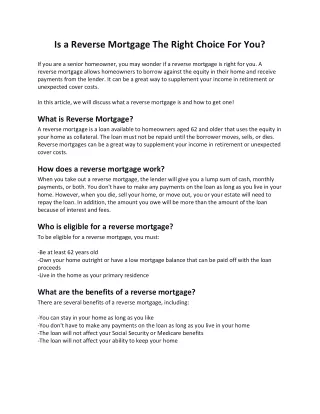 Is a Reverse Mortgage The Right Choice For You