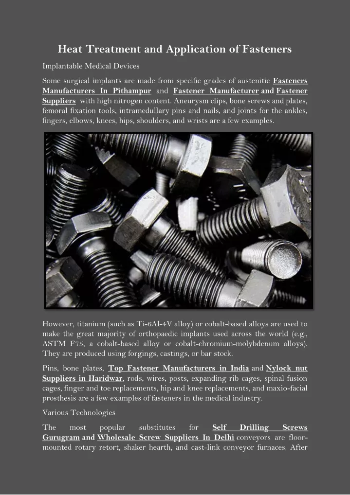 heat treatment and application of fasteners