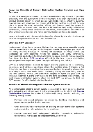 Know the Benefits of Energy Distribution System Services and Cipp Services