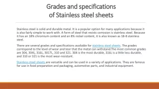 Grades and specifications of Stainless steel sheets
