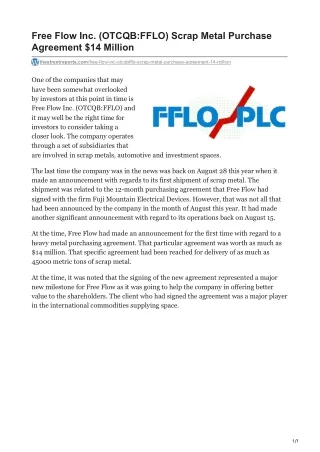 free flow inc otcqb fflo scrap metal purchase