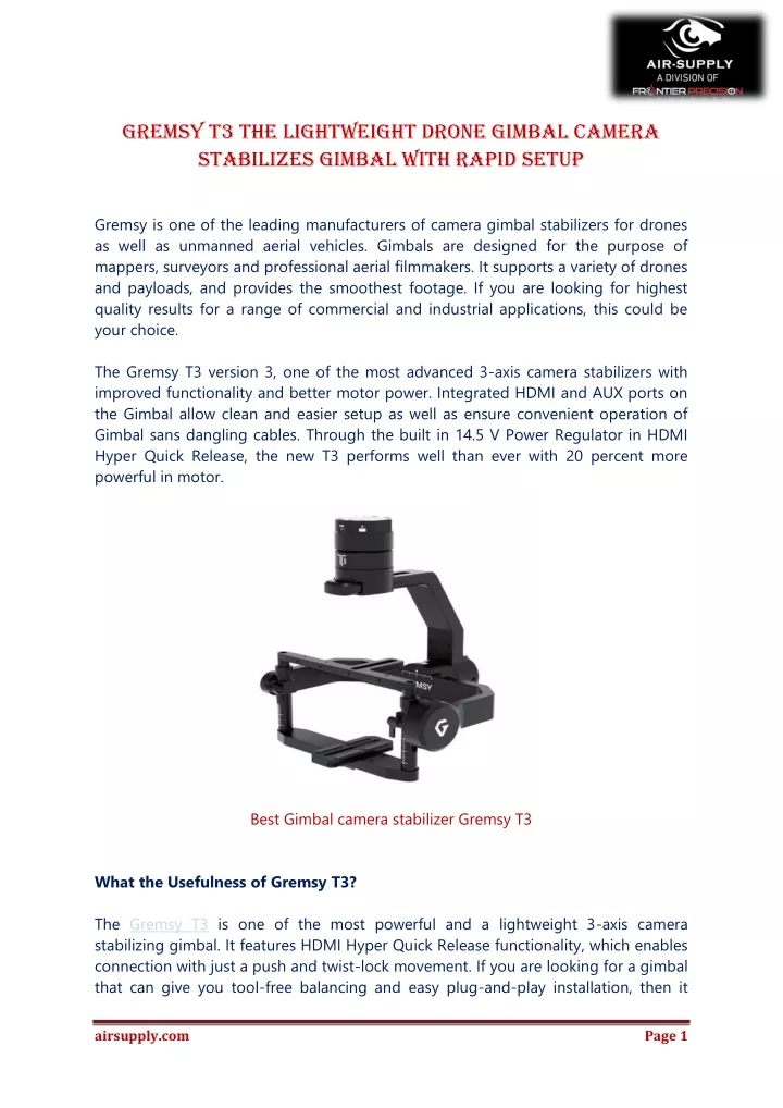 gremsy t3 the lightweight drone gimbal camera