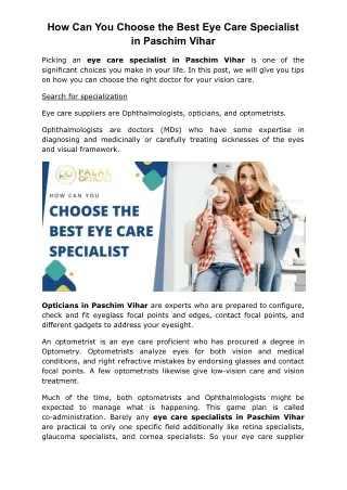 How Can You Choose the Best Eye Care Specialist in Paschim Vihar