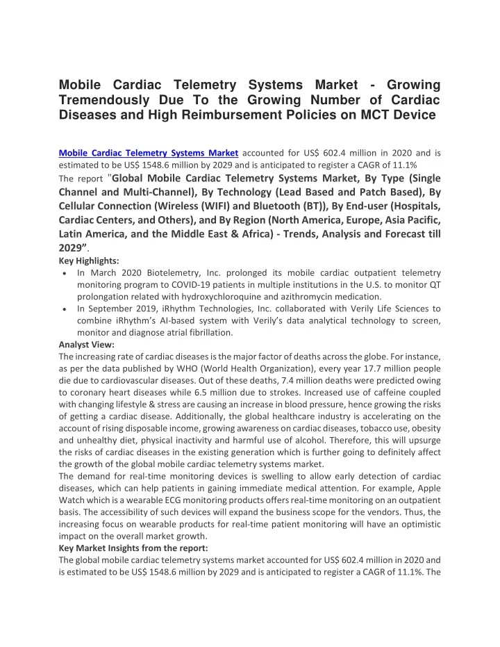 mobile cardiac telemetry systems market growing