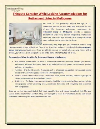 Things to Consider While Looking Accommodations for Retirement Living in Melbourne