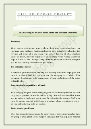 SPA Coaching As a Career Makes Sense with Business Experience