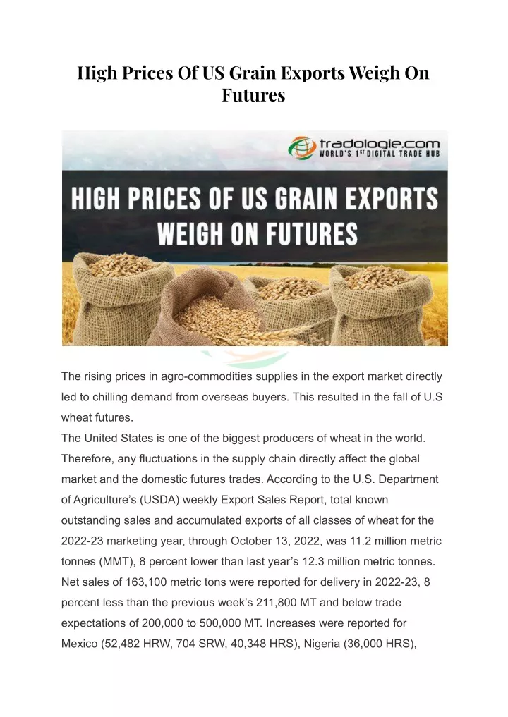 high prices of us grain exports weigh on futures