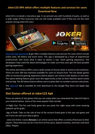 Joker123 APK which offers multiple features and services for users Download Now