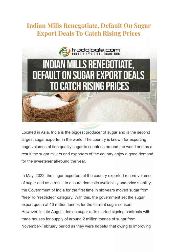 indian mills renegotiate default on sugar export