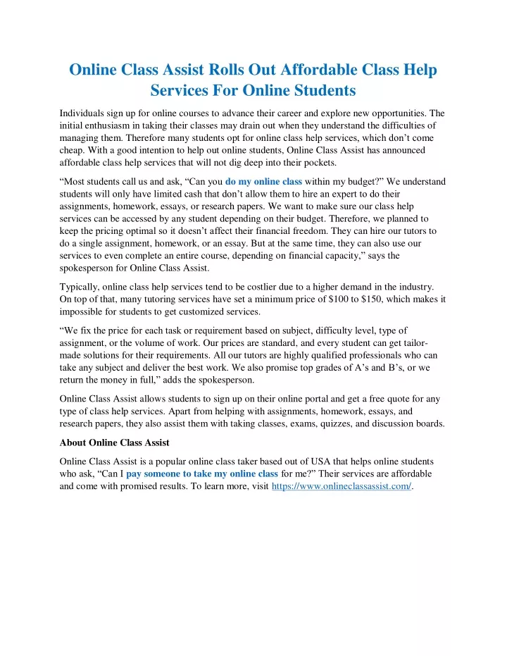 online class assist rolls out affordable class
