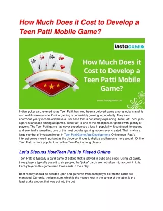 How Much Does it Cost to Develop a Teen Patti Mobile Game?