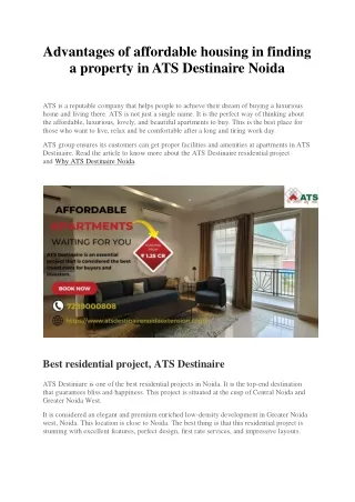 Advantages of affordable housing in finding a property in ATS Destinaire Noida