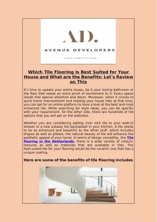 Which Tile Flooring is Best Suited for Your House and What are the Benefits: Let's Review on This