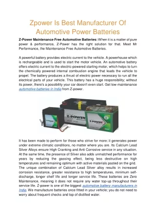 Zpower Is Best Automotive Batteries In India