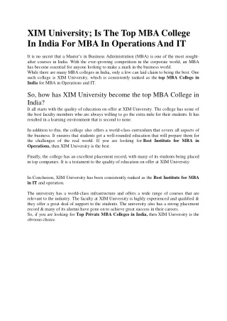 XIM University; Is The Top MBA College In India For MBA In Operations And IT