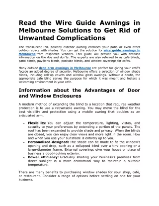 Read the Wire Guide Awnings in Melbourne Solutions to Get Rid of Unwanted Complications