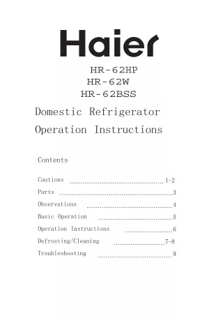 "Domestic Refrigerator Operation Instructions | HR-62HP HR-62BSS HR-62W | Haier