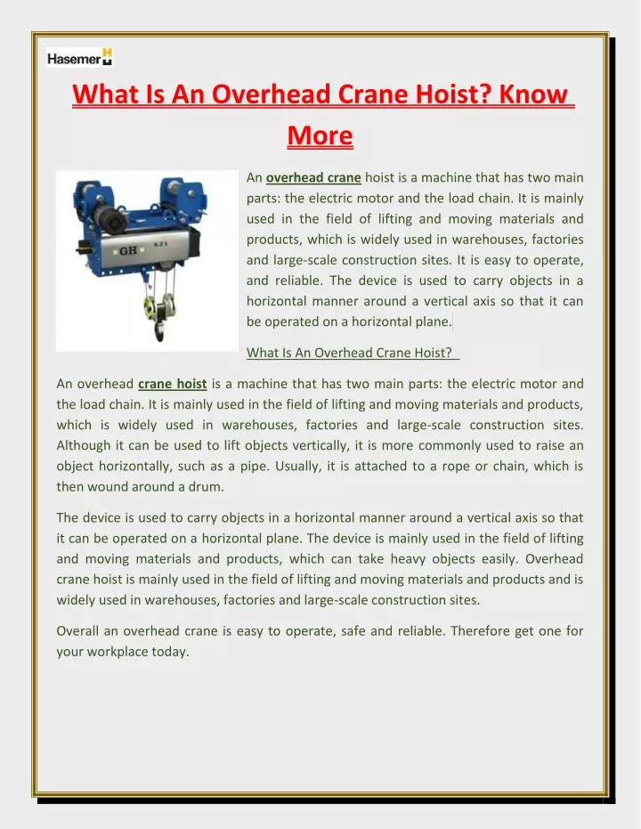 what is an overhead crane hoist know more