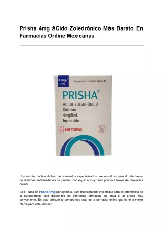 Prisha 4mg áCido Zoledrónico Más Barato En Farmacias Online Mexicanas
