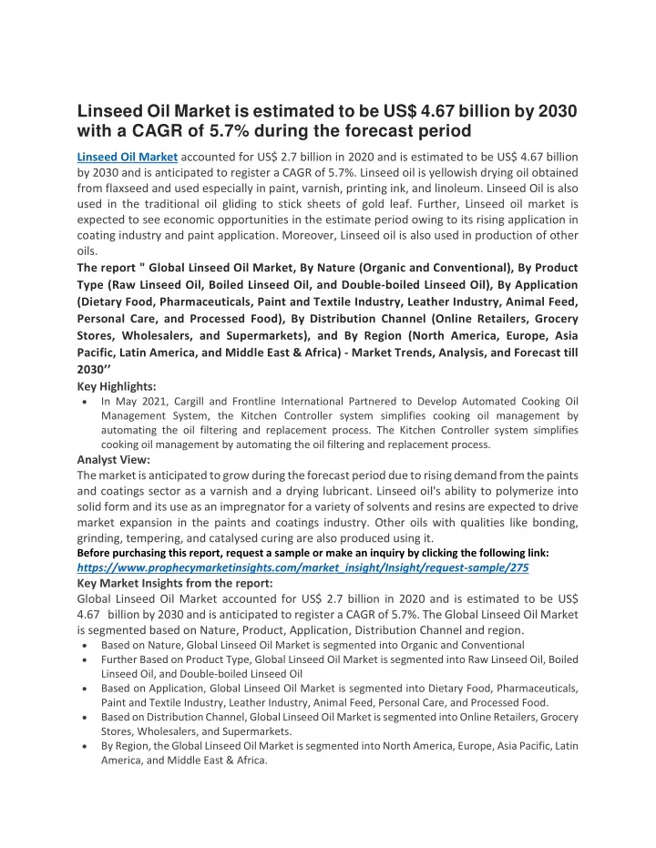 linseed oil market is estimated