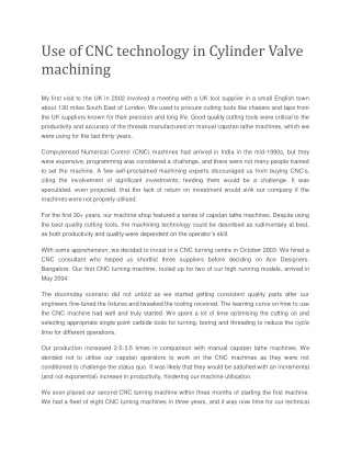 Use of CNC technology in Cylinder Valve machining