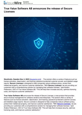 True Value Software AB announces the release of Secure Licenses