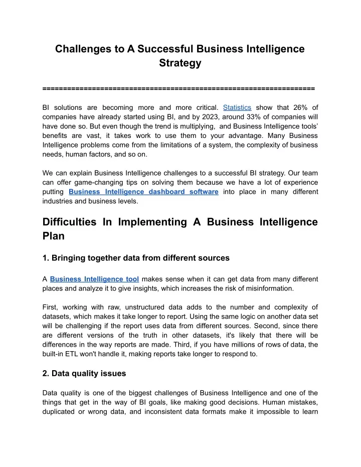 challenges to a successful business intelligence