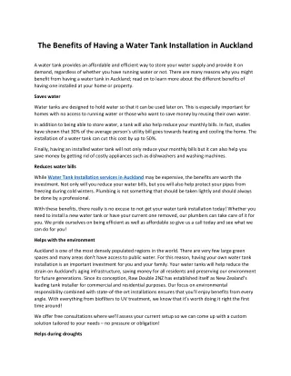 The Benefits of Having a Water Tank Installation in Auckland