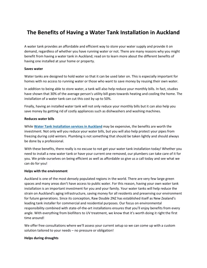 the benefits of having a water tank installation