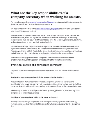 What are the key responsibilities of a company secretary when working for an SME
