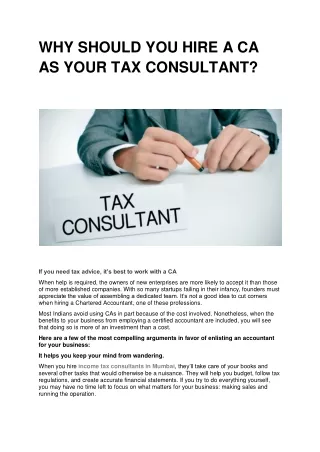 WHY SHOULD YOU HIRE A CA AS YOUR TAX CONSULTANT?