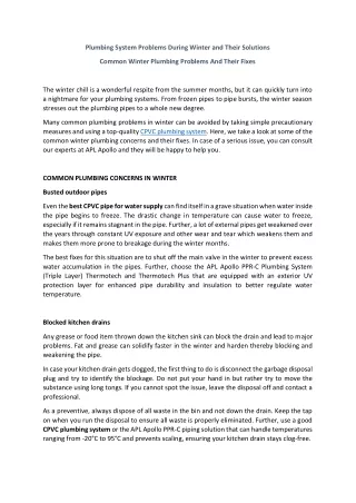 Plumbing System Problems During Winter and Their Solutions