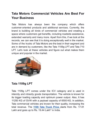 Tata Motors Commercial Vehicles Are Best For Your Business