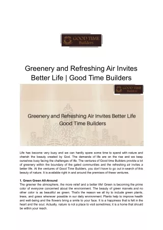 Greenery and Refreshing Air Invites Better Life | Good Time Builders