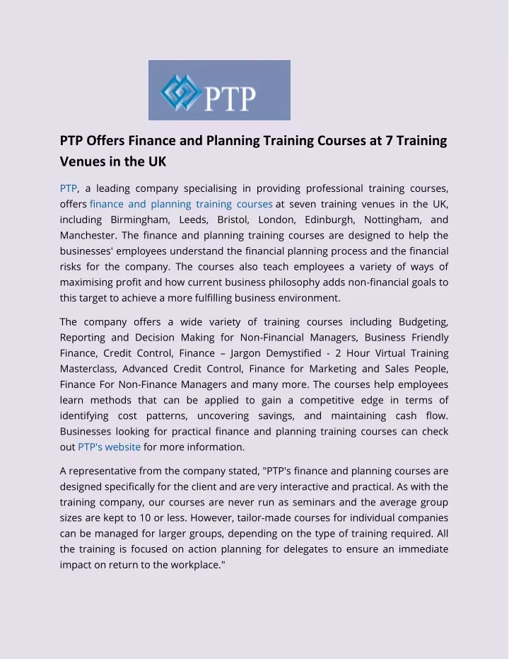 ptp offers finance and planning training courses