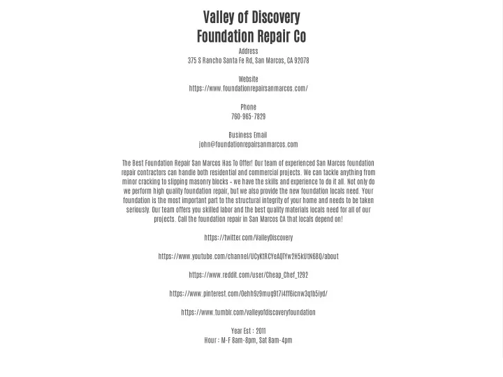 valley of discovery foundation repair co address