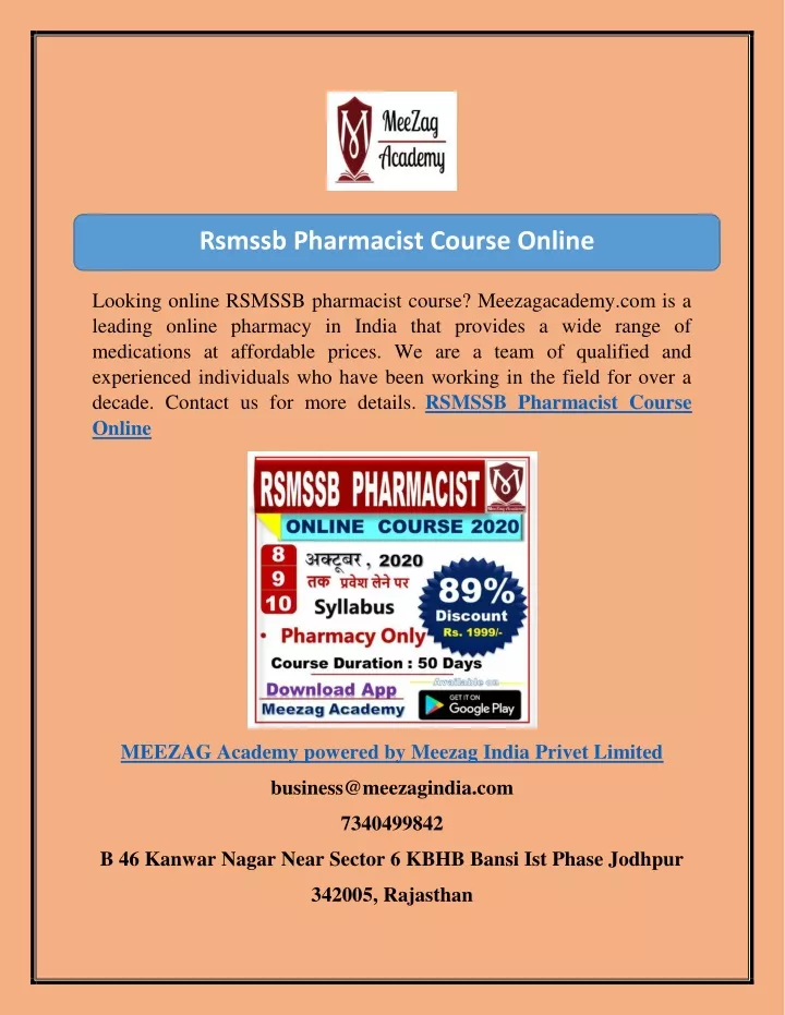 rsmssb pharmacist course online