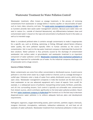 Wastewater Treatment for Water Pollution Control!