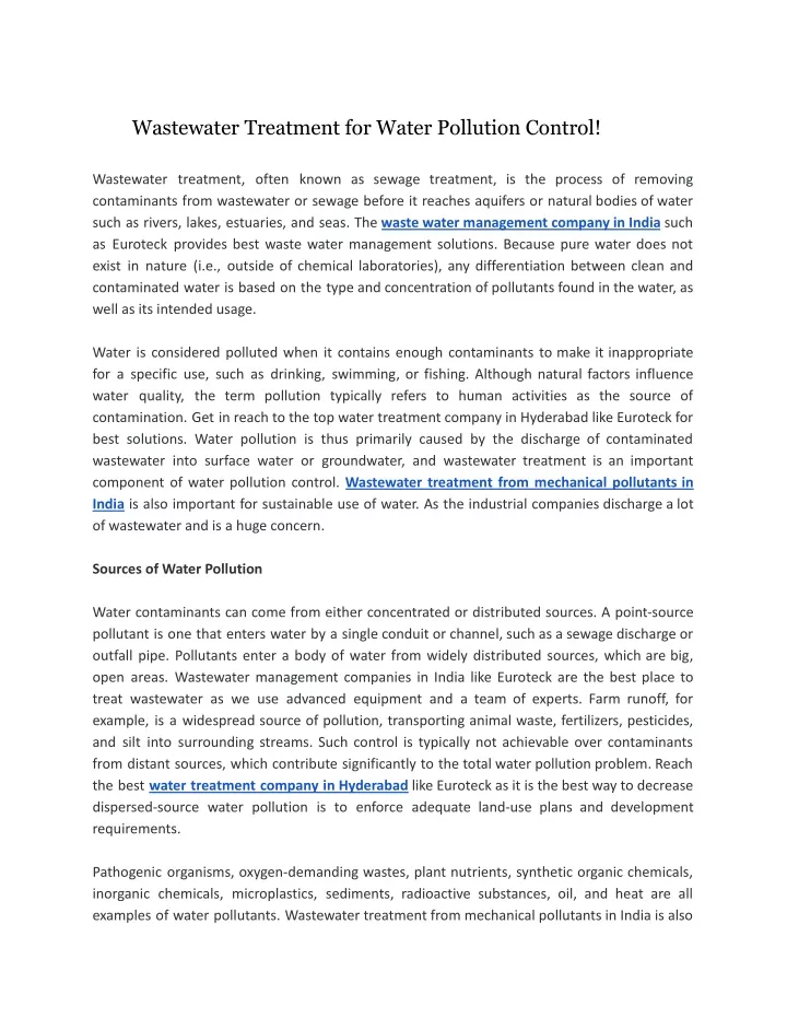 wastewater treatment for water pollution control