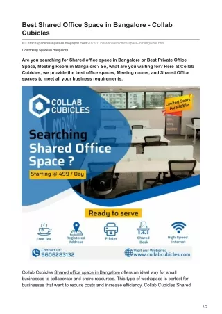Best Shared Office Space in Bangalore - Collab Cubicles