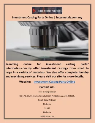 Investment Casting Parts Online | Intermetals.com.my
