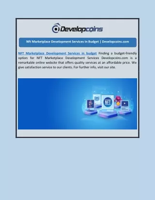 Nft Marketplace Development Services In Budget | Developcoins.com