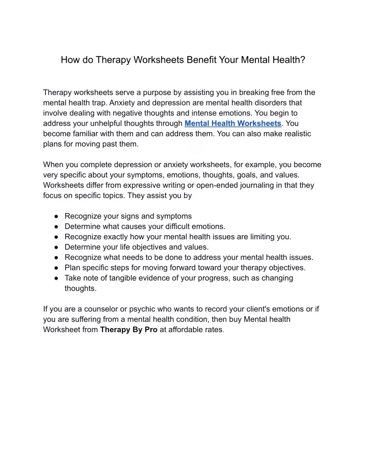 how do therapy worksheets benefit your mental